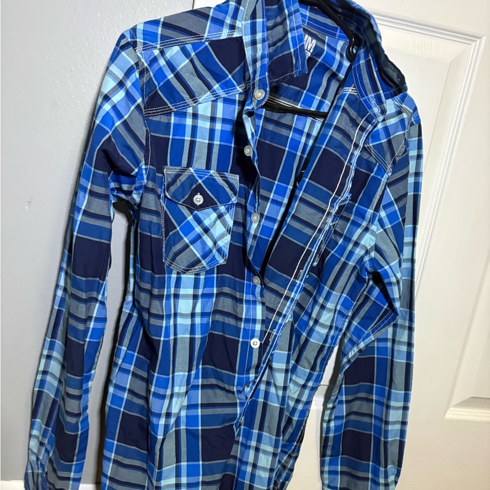 Buckle Blue Plaid Casual Button Down Shirt